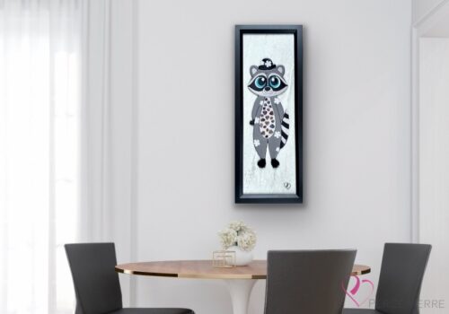 Œuvre en verre fusionné représentant Lupin, le raton laveur, fait main au Québec – Percé-Verre