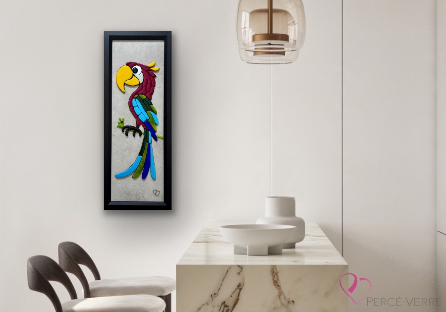 Phoenix in a setting, fused glass parrot handmade in Quebec - Percé-Verre