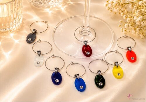 Coffret de 8 marque-verres ovales avec cristal en verre fusionné – couleurs mixtes – Collection Les Essentiels – Percé-Verre