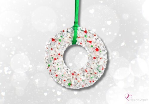 Fused glass wreath ornament with red and green crystals handmade in Quebec Canada