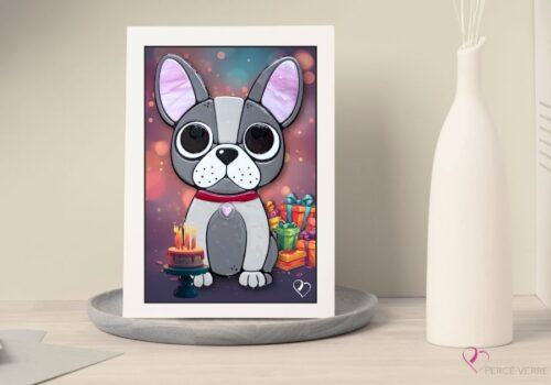 Carte de souhaits bouledogue français Biscotte illustration artistique Percé-Verre Québec