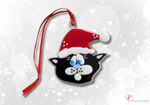 Ornement chat de Noël en verre fusionné fait au Québec – Chat-Peau Percé-Verre