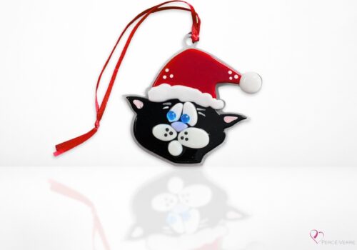 Ornement chat de Noël en verre fusionné fait au Québec – Percé-Verre