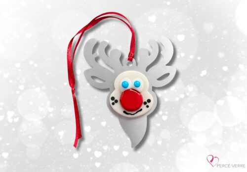Ornement renne au nez rouge en verre fusionné fait au Québec – Collection des Fêtes Percé-Verre