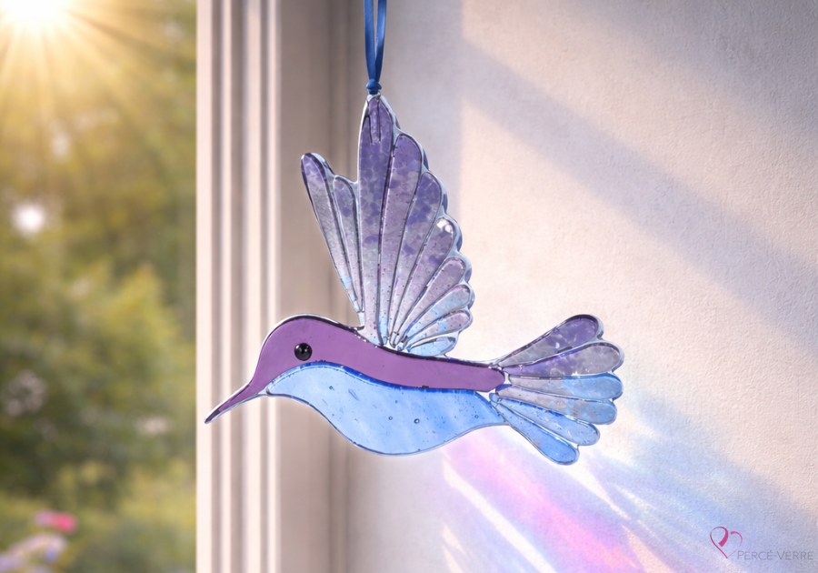 Colibri verre fusionné mauve et bleu fait au Québec – capteur de soleil Percé-Verre