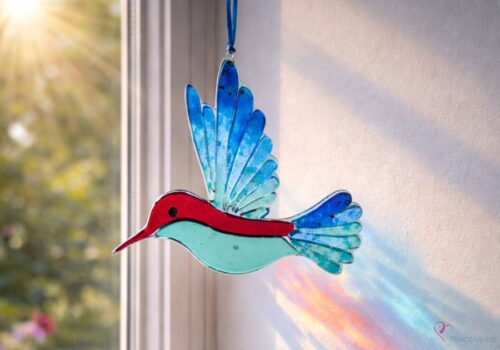 Hummingbird red and turquoise fused glass made in Quebec - Percé-Verre suncatcher