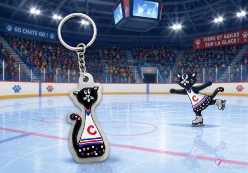 Porte-clés CHanadiens en verre fusionné sur une patinoire de hockey – création québécoise Percé-Verre