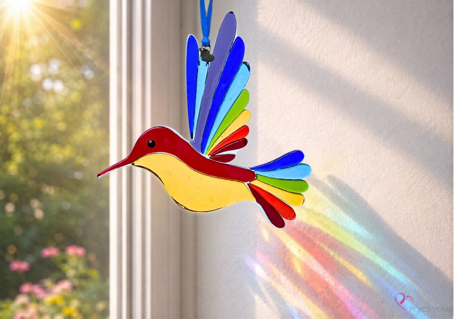 Colibri Opaline en verre fusionné fait à la main au Québec – Attrape-soleil coloré Percé-Verre