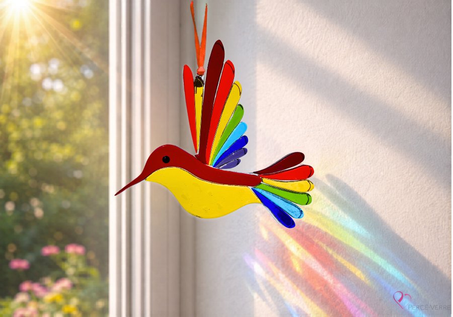 Colibri Rubis verre fusionné fait à la main au Québec – Attrape-soleil Percé-Verre