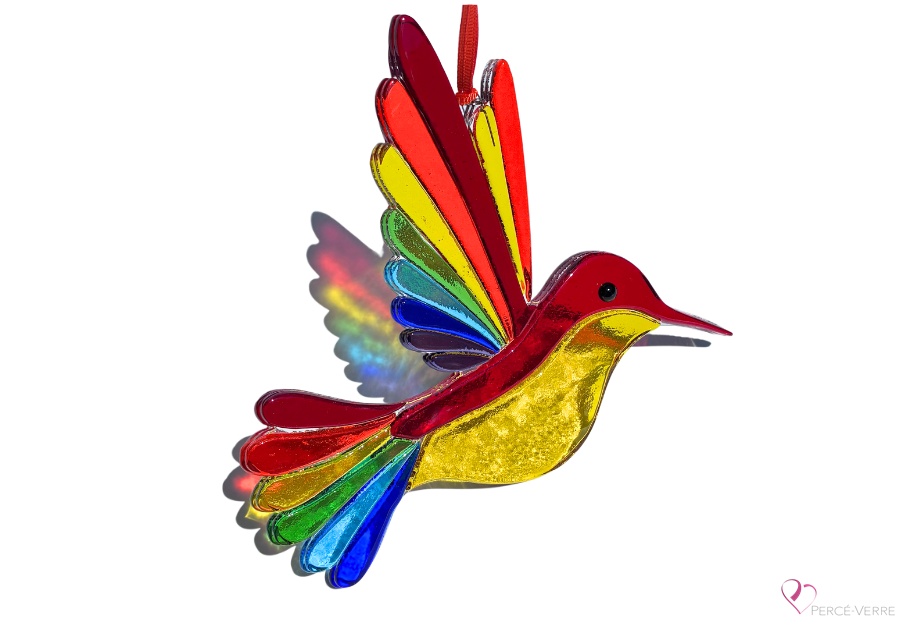 Colibri Rubis verre fusionné fait à la main au Québec – Attrape-soleil Percé-Verre