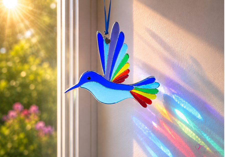 Colibri Saphir verre fusionné fait à la main au Québec – Attrape-soleil Percé-Verre