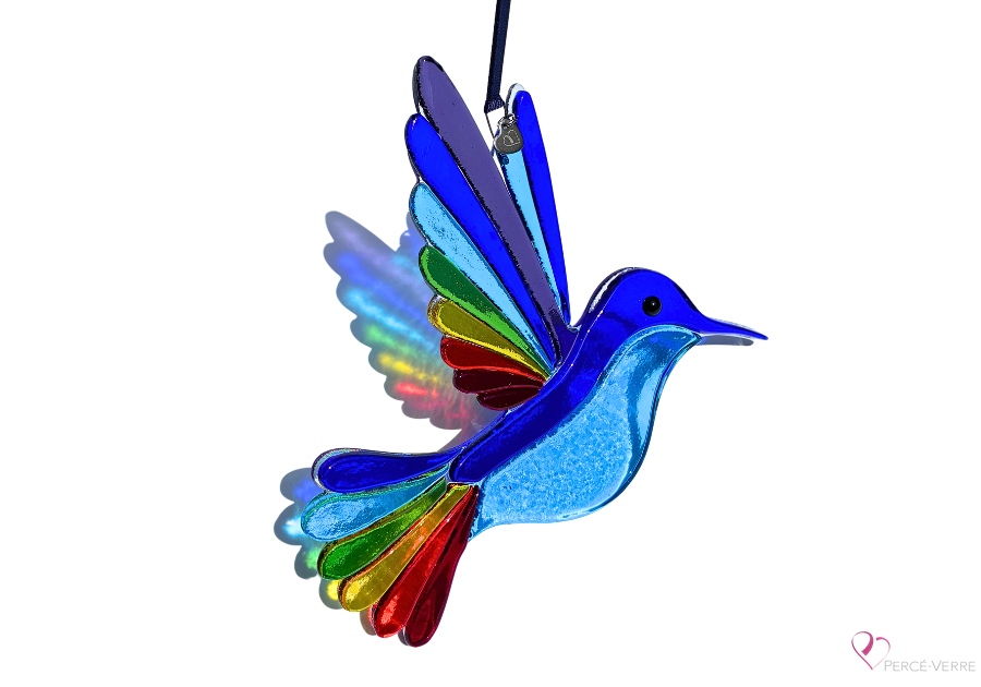 Colibri Saphir verre fusionné fait à la main au Québec – Attrape-soleil Percé-Verre