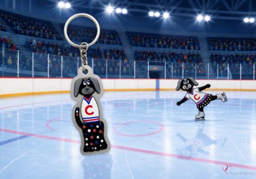 Porte-clés CanaCHiens en verre fusionné sur une patinoire de hockey