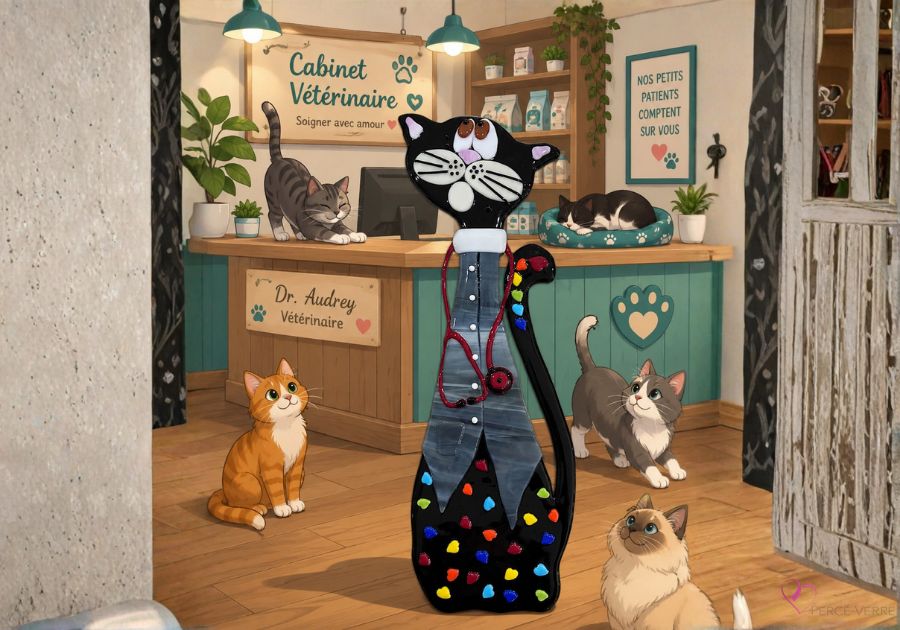 Docteure Audrey, vétérinaire dévouée, illustrée dans une clinique animée entourée de chats.
