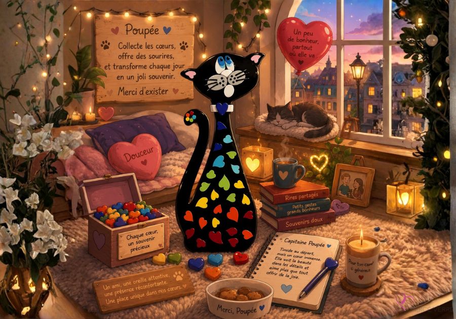 Poupée, chaton collectionneur de cœurs entouré de cœurs colorés dans un univers imaginaire inspiré de l'amitié et de la gentillesse.