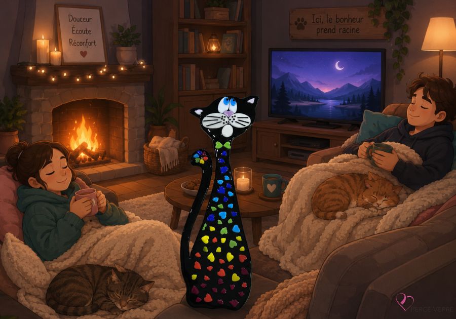 Yoshi, chat zoothérapeute, illustré dans un salon chaleureux où il apporte calme et réconfort.