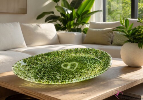 Assiette décorative verte en verre fusionné verte Cœur de Forêt dans un salon contemporain