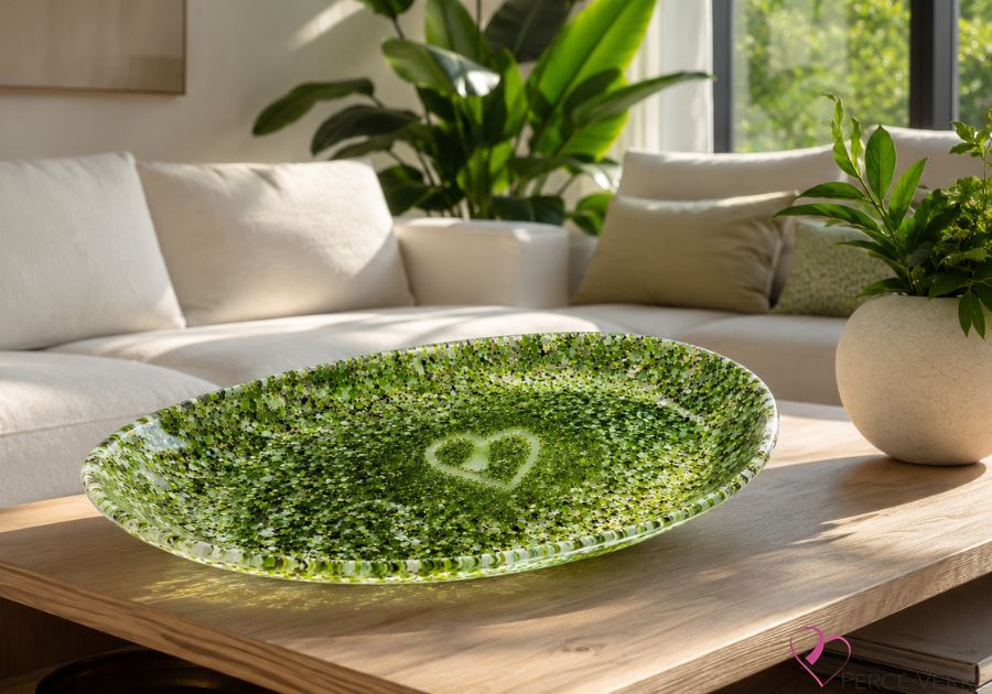 Assiette décorative verte en verre fusionné verte Cœur de Forêt dans un salon contemporain