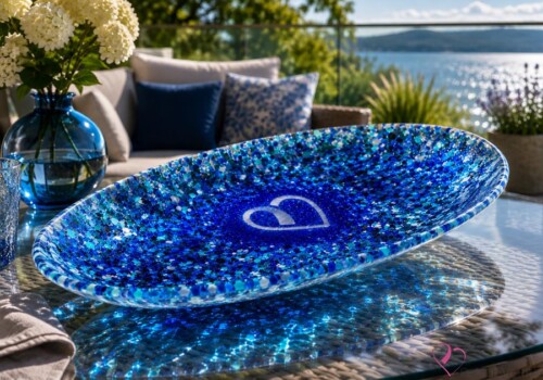 Assiette décorative en verre fusionné bleue Cœur d'Océan présentée sur une terrasse avec vue sur l'eau