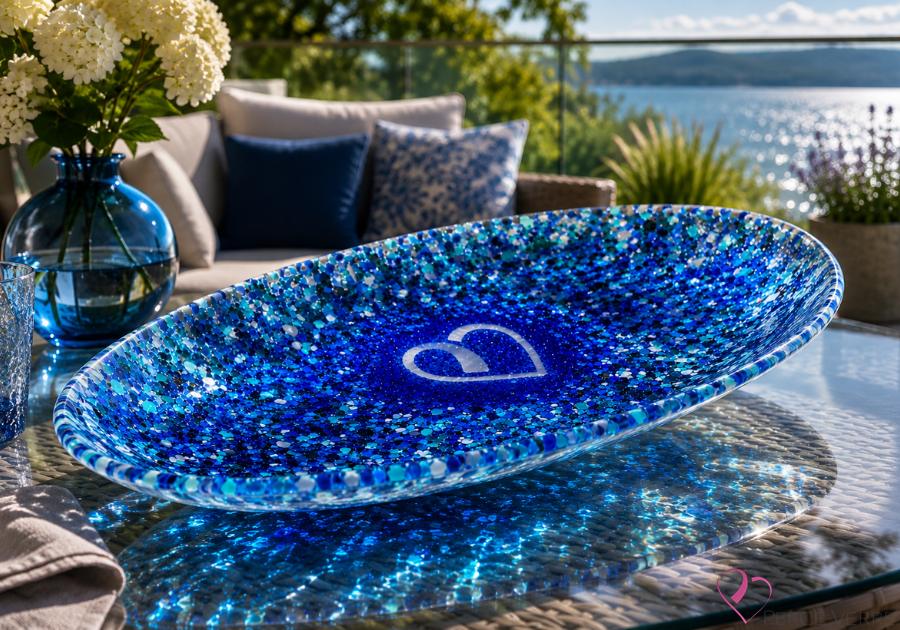 Assiette décorative en verre fusionné bleue Cœur d'Océan présentée sur une terrasse avec vue sur l'eau