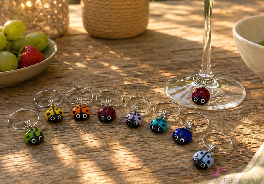 Ensemble de marque-verres coccinelles en verre fusionné installé sur une coupe de vin.