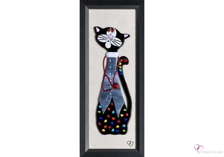 Art mural de chat Docteure Audrey en verre fusionné réalisé à la main au Québec.