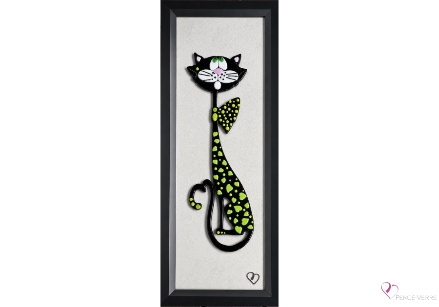 Art mural de chat Limette en verre fusionné réalisé à la main par Stéphanie Béland.