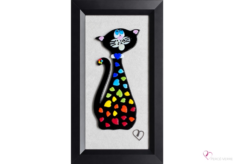 Poupée, chaton collectionneur de cœurs de la Collection Chats, œuvre en verre fusionné créée par Stéphanie Béland.