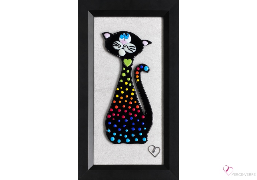Art mural de chat Skittles en verre fusionné réalisé à la main par l'artiste québécoise Stéphanie Béland.
