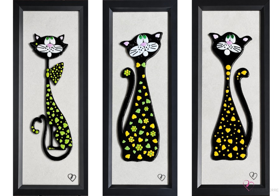 Art mural de chats Limonade, Citron et Limette en verre fusionné réalisé à la main par l'artiste québécoise Stéphanie Béland.