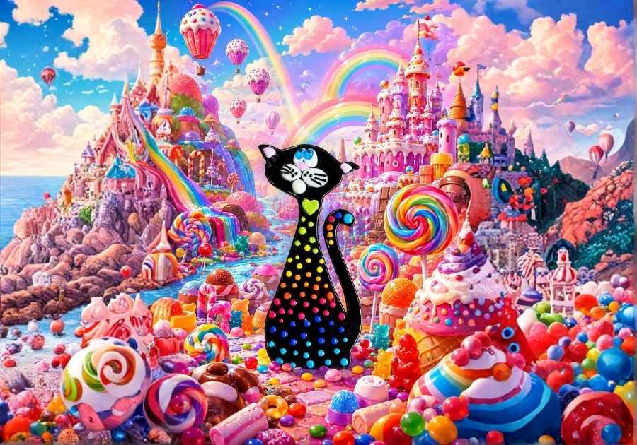 Skittles, chaton gourmand en verre fusionné, dans un univers féérique rempli de bonbons colorés, d'arcs-en-ciel et de douceur, création de Stéphanie Béland au Québec.
