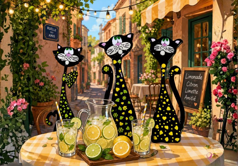 Limonade, Citron et Limette illustrés dans une scène cartoon sur une terrasse autour d'un verre de limonade.